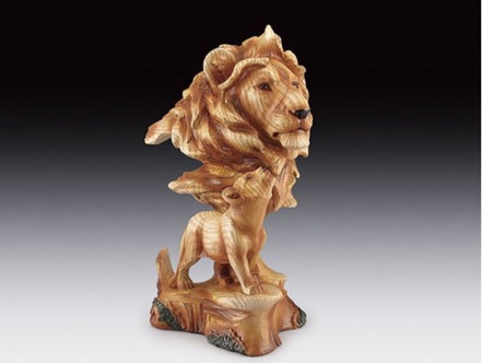 Lion With Cub Wood Like Carved Statute | Woodland Apothecary®